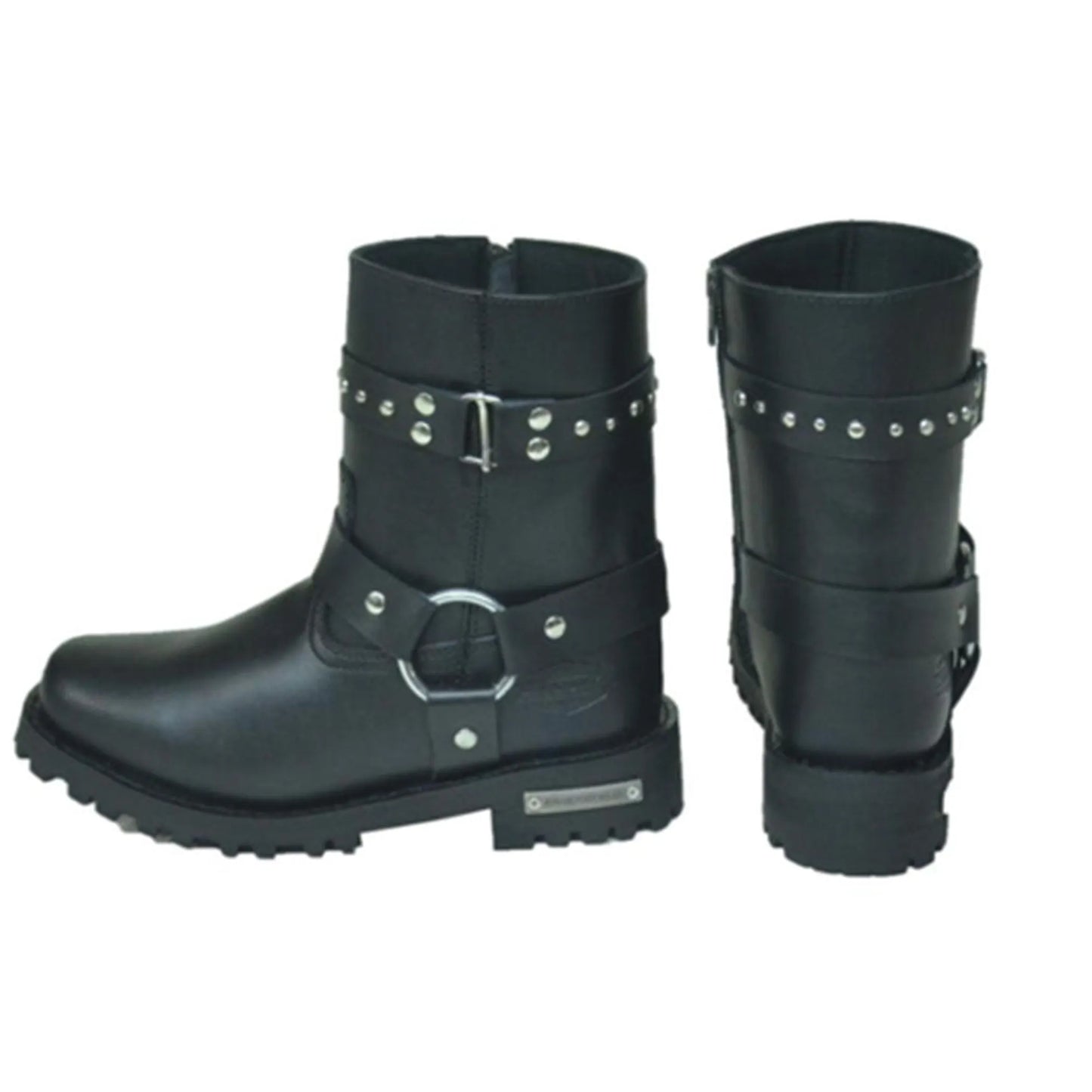 12008.00 - Ladies Motorcycle Biker Leather Boots in black with studded straps and rugged soles displayed from side and back views