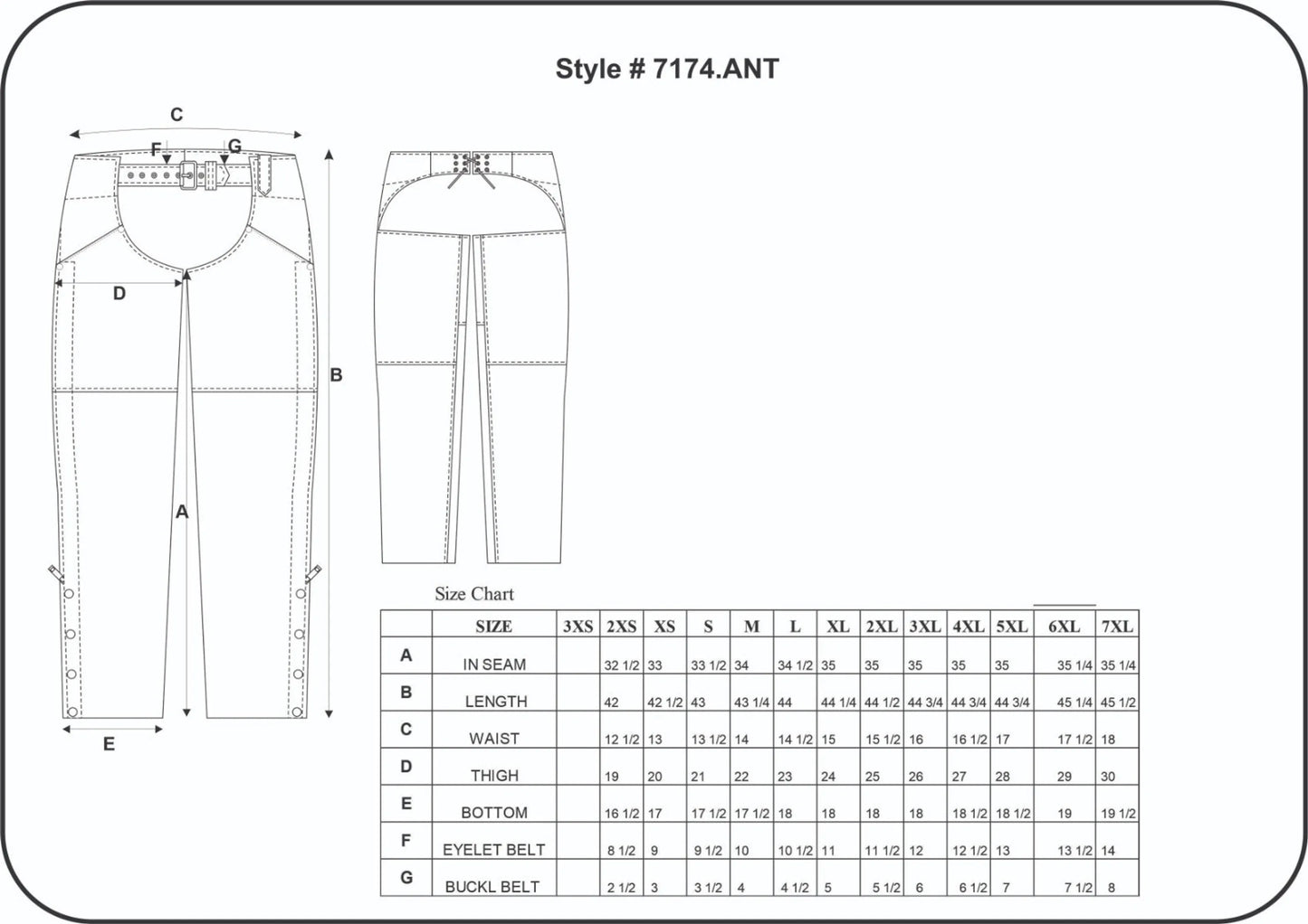 Technical size chart for 7174.ANT - Ladies Premium Lambskin Leather Chaps with detailed measurements diagram.