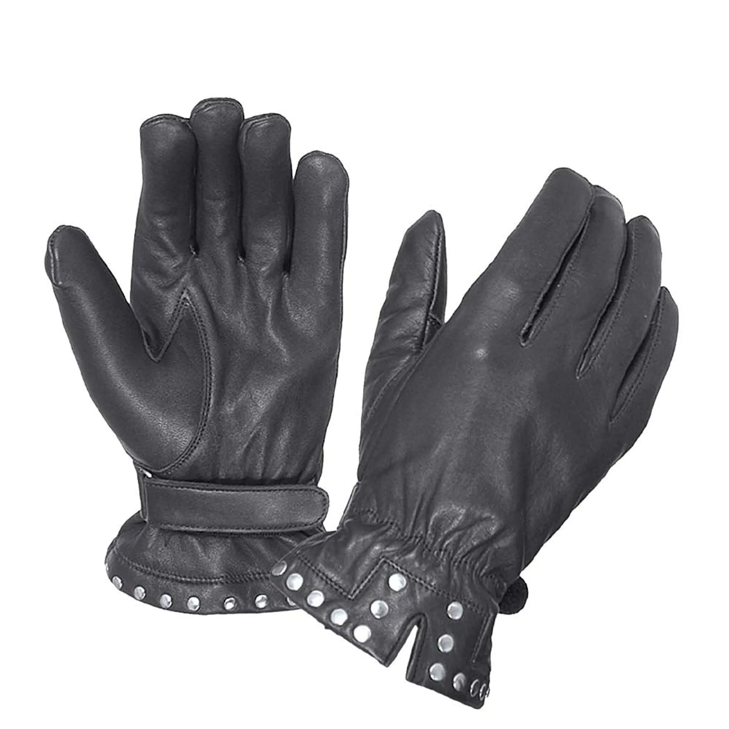 8275.00 - Ladies Full Finger Gloves black leather with studded wrist detail and adjustable strap for secure fit