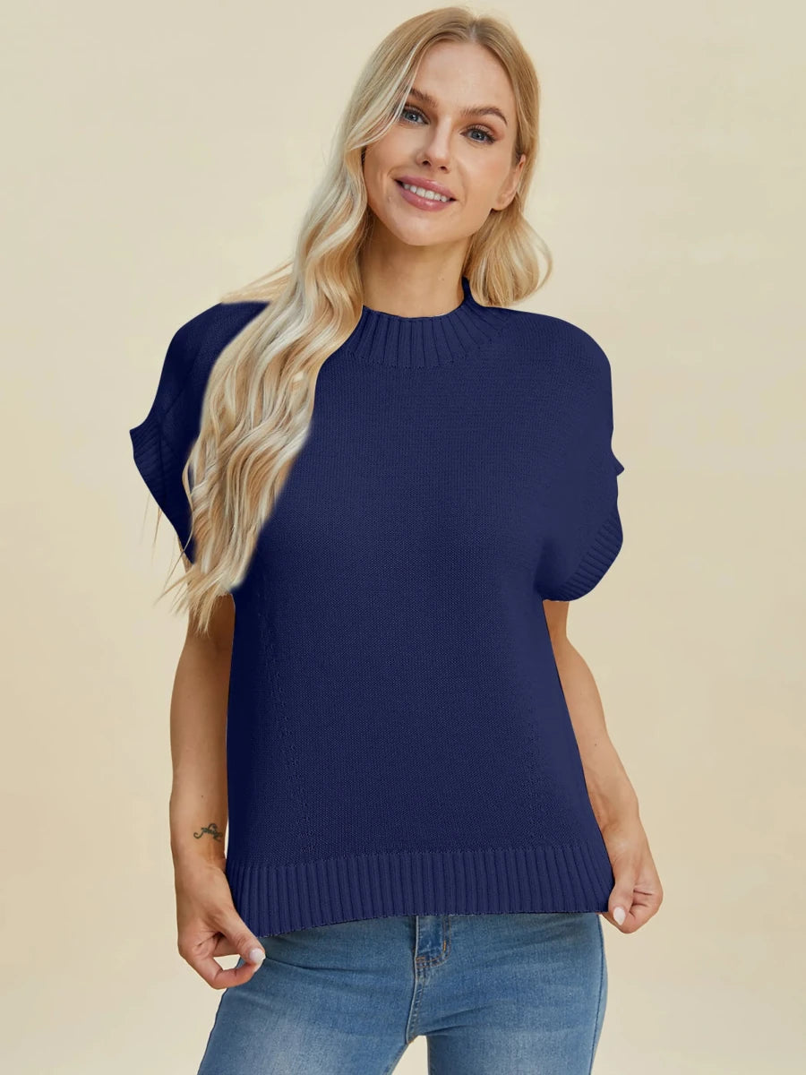 Double Take Full Size Mock Neck Short Sleeve Sweater, Black/2XL, view 11