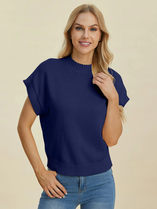 Double Take Mock Neck Short Sleeve Sweater - Women's Viscose Knit Top for Casual & Equestrian Wear