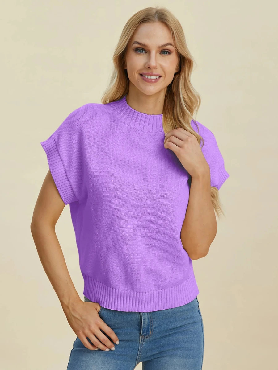 Double Take Full Size Mock Neck Short Sleeve Sweater, Cream/2XL, view 23