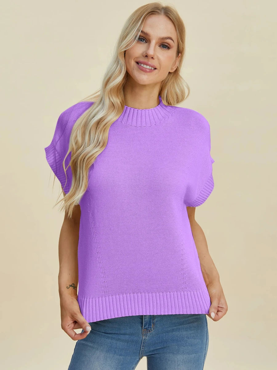 Double Take Full Size Mock Neck Short Sleeve Sweater, Cream/3XL, view 24