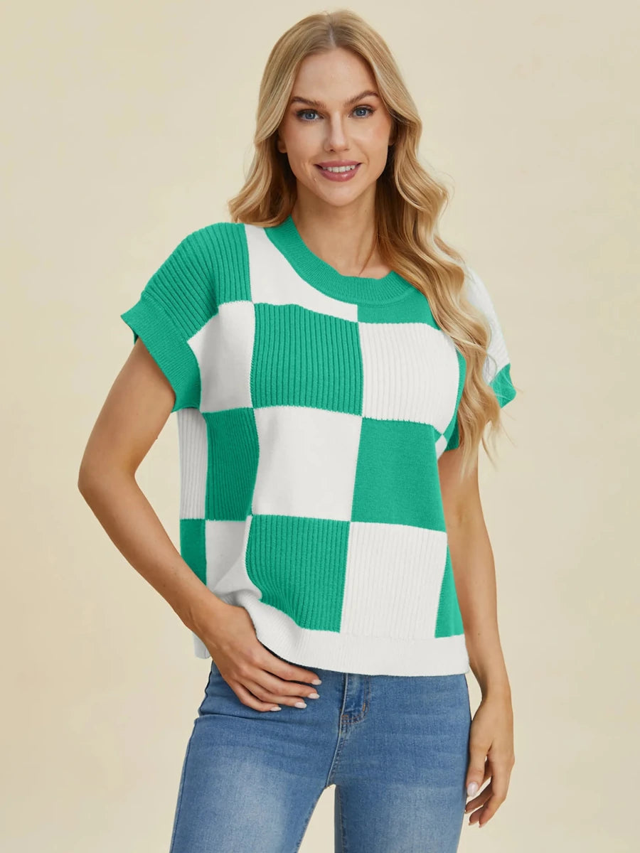 Double Take Full Size Checkered Round Neck Short Sleeve Sweater, Turquoise/2XL, view 23