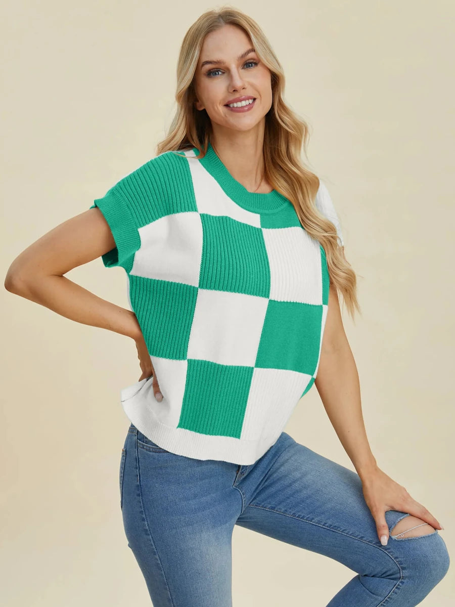 Double Take Full Size Checkered Round Neck Short Sleeve Sweater, Turquoise/1, view 19