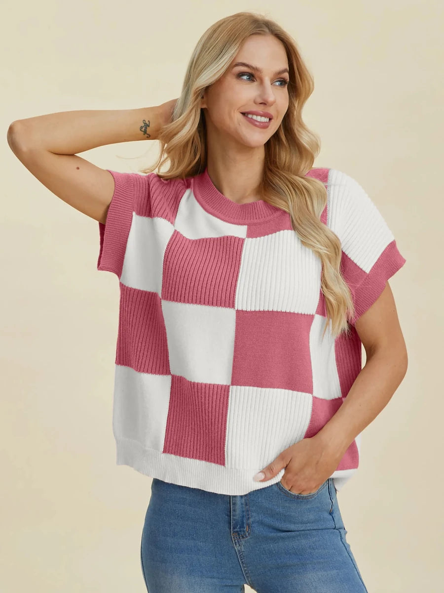 Double Take Full Size Checkered Round Neck Short Sleeve Sweater, Dusty pink/1, view 9