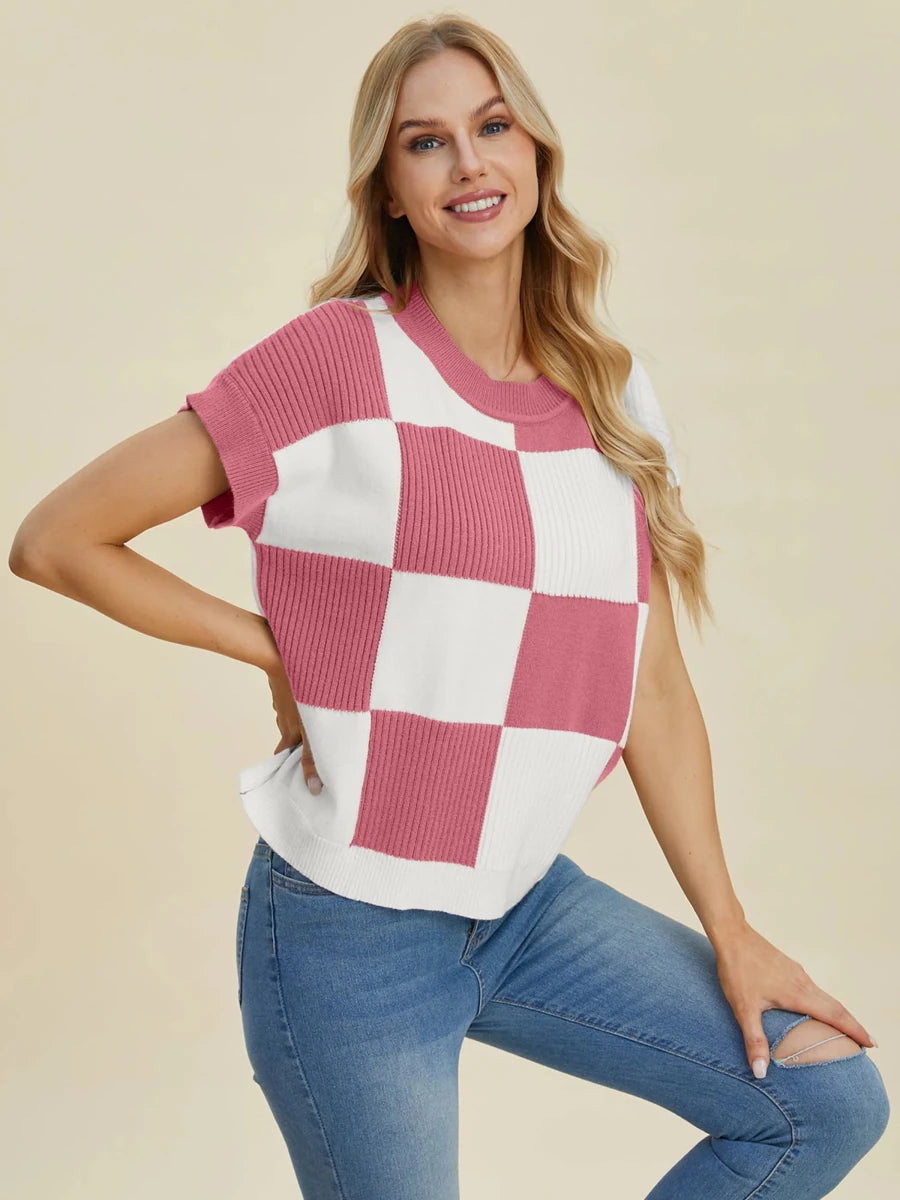 Double Take Full Size Checkered Round Neck Short Sleeve Sweater, Dusty pink/XL, view 10
