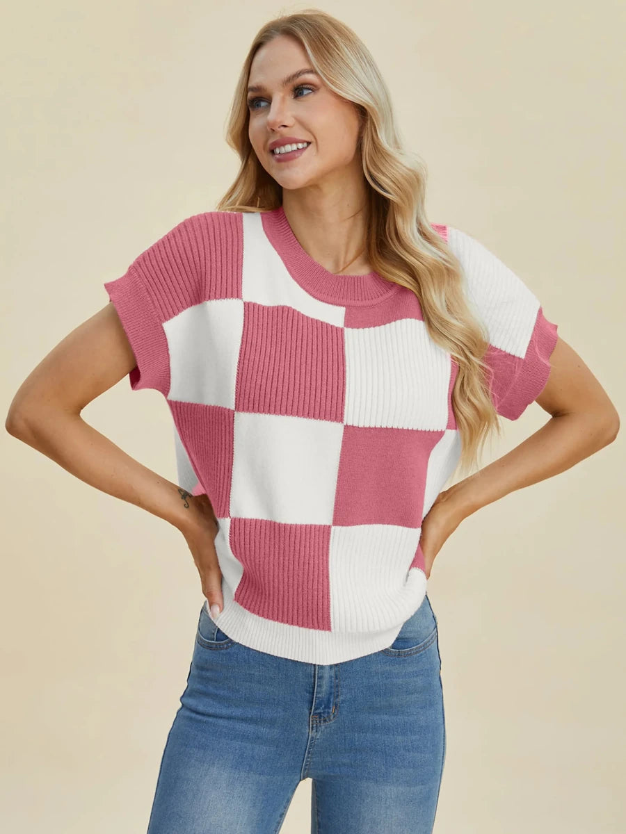 Double Take Full Size Checkered Round Neck Short Sleeve Sweater, Dusty pink/2XL, view 11