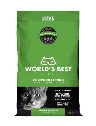 Green bag of World's Best Cat Litter Original Unscented, 15 lb, with a cat's face and product features visible.