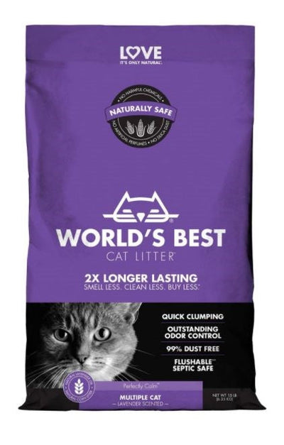 Purple bag of World's Best Cat Litter, Multiple Cat Lavender Scented, with a cat's face and product features.