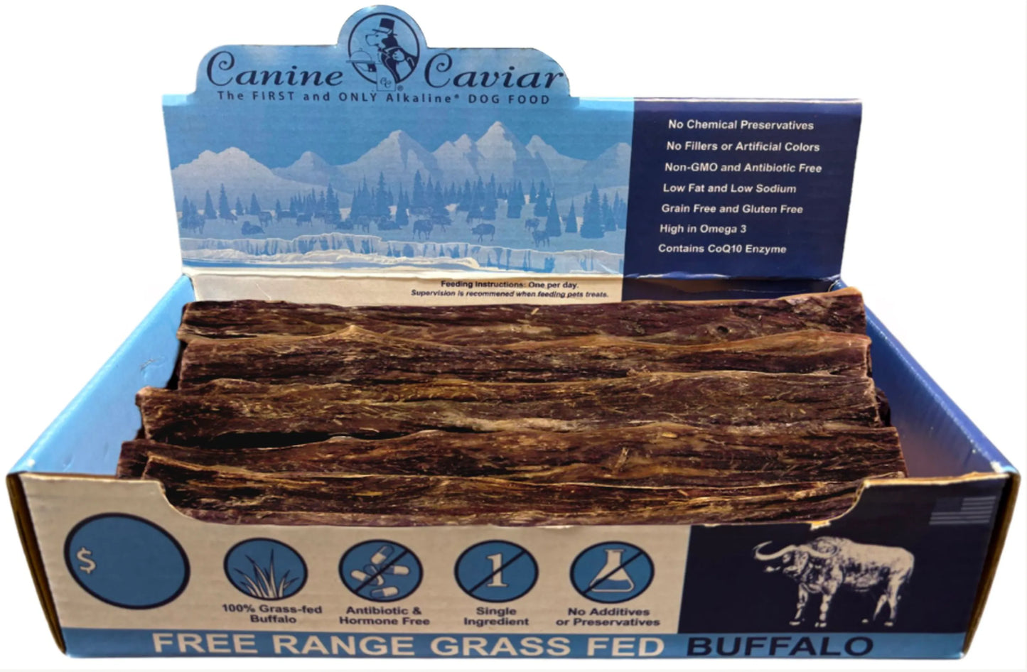Canine Caviar Buffalo Jerky Flat Treats 12 Inch 30 Pack