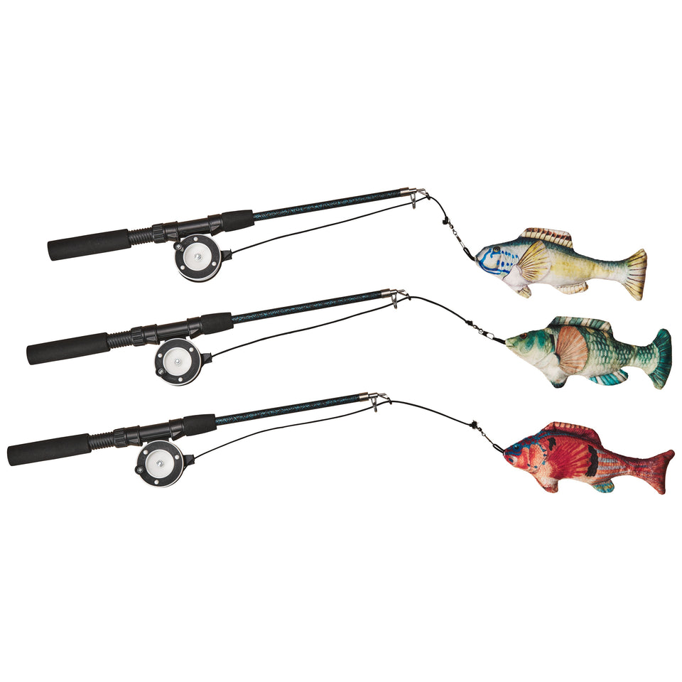 Three cat teaser wands with black handles and reels, each with a different fish toy attached.