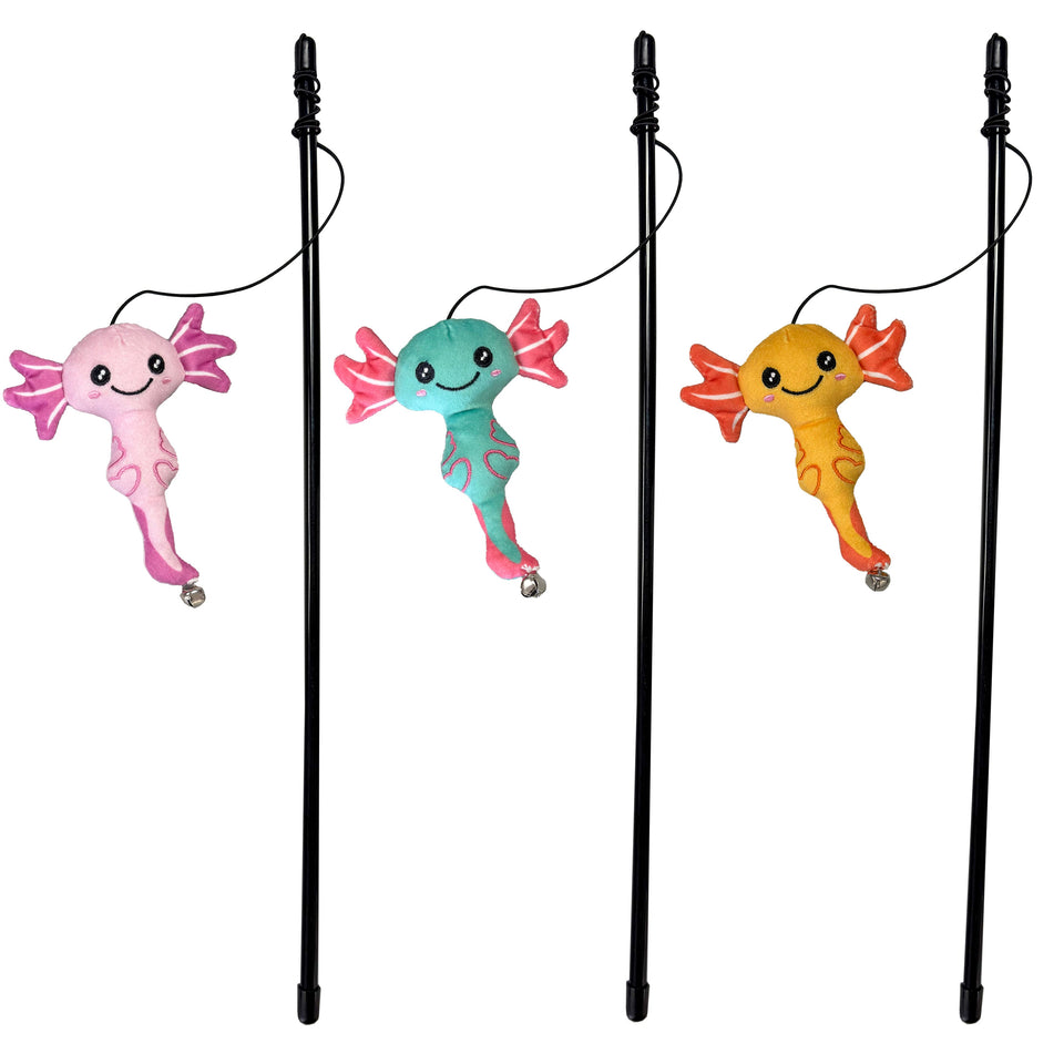 Three cat teasers with black wands and plush axolotl toys in pink, teal, and orange, each with a bell.