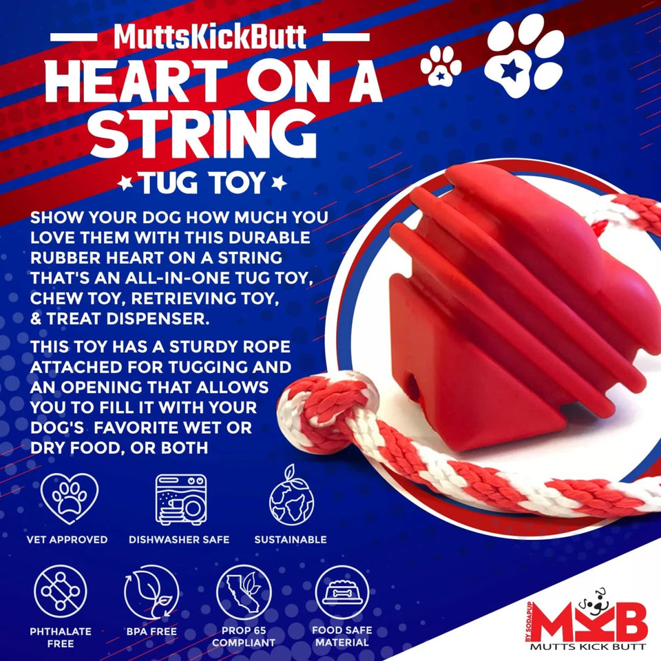 MKB Heart on a String Ultra-Durable Durable Rubber Chew Dog Toy, Reward Toy, Tug Toy, and Retrieving Toy - Pets Perfect