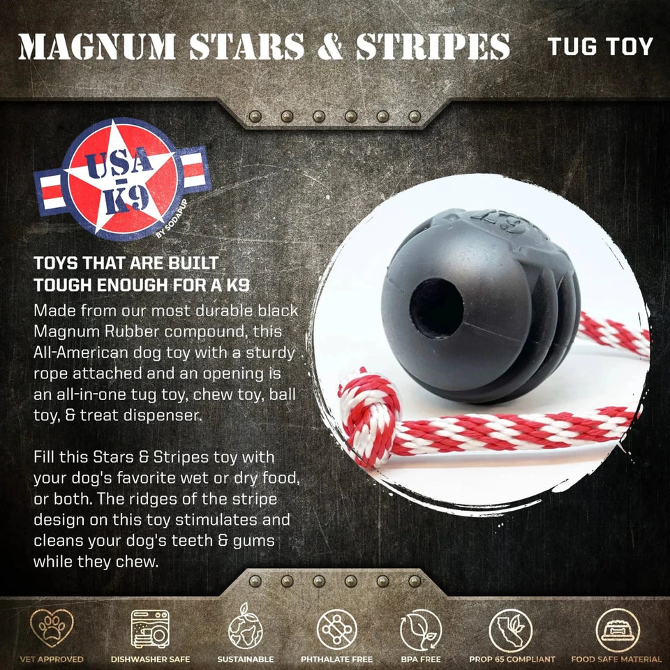 USA-K9 Magnum Black Stars and Stripes Ultra-Durable Rubber Chew Dog Toy, Reward Toy, Tug Toy
