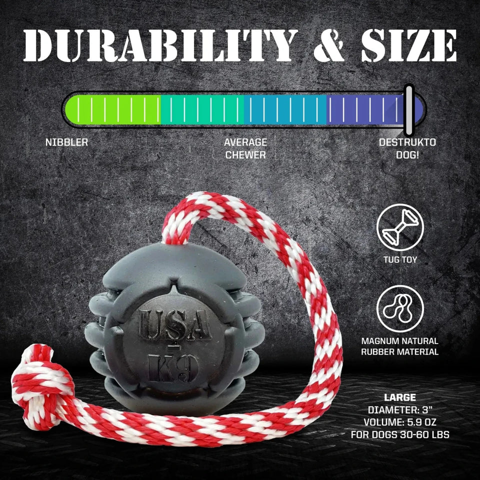 USA-K9 Magnum Black Stars and Stripes Ultra-Durable Rubber Chew Dog Toy, Reward Toy, Tug Toy