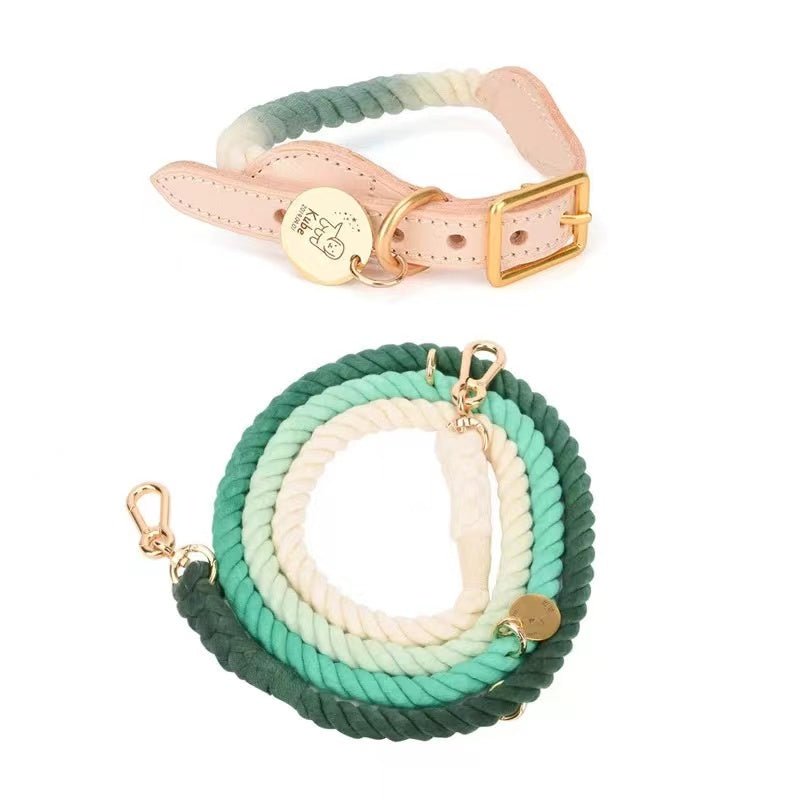Hands-Free Rope Dog Leash and Luxe Royal Leather Dog Collar Bundle, Ombré Green - Pets Perfect