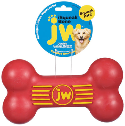 Red ribbed bone-shaped chew toy on iSqueak Bone packaging card