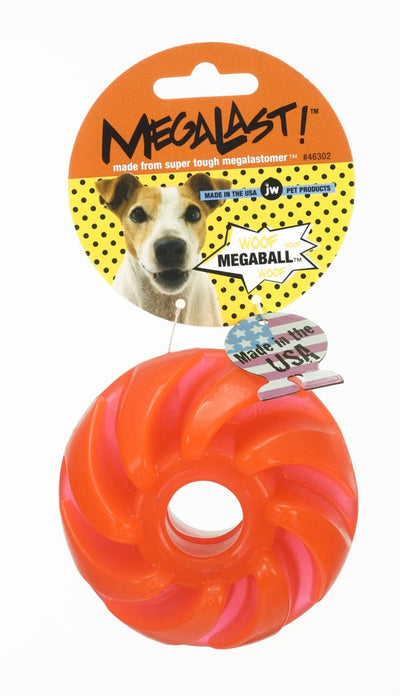 Orange and pink swirl ring toy on Megalast packaging with terrier photo