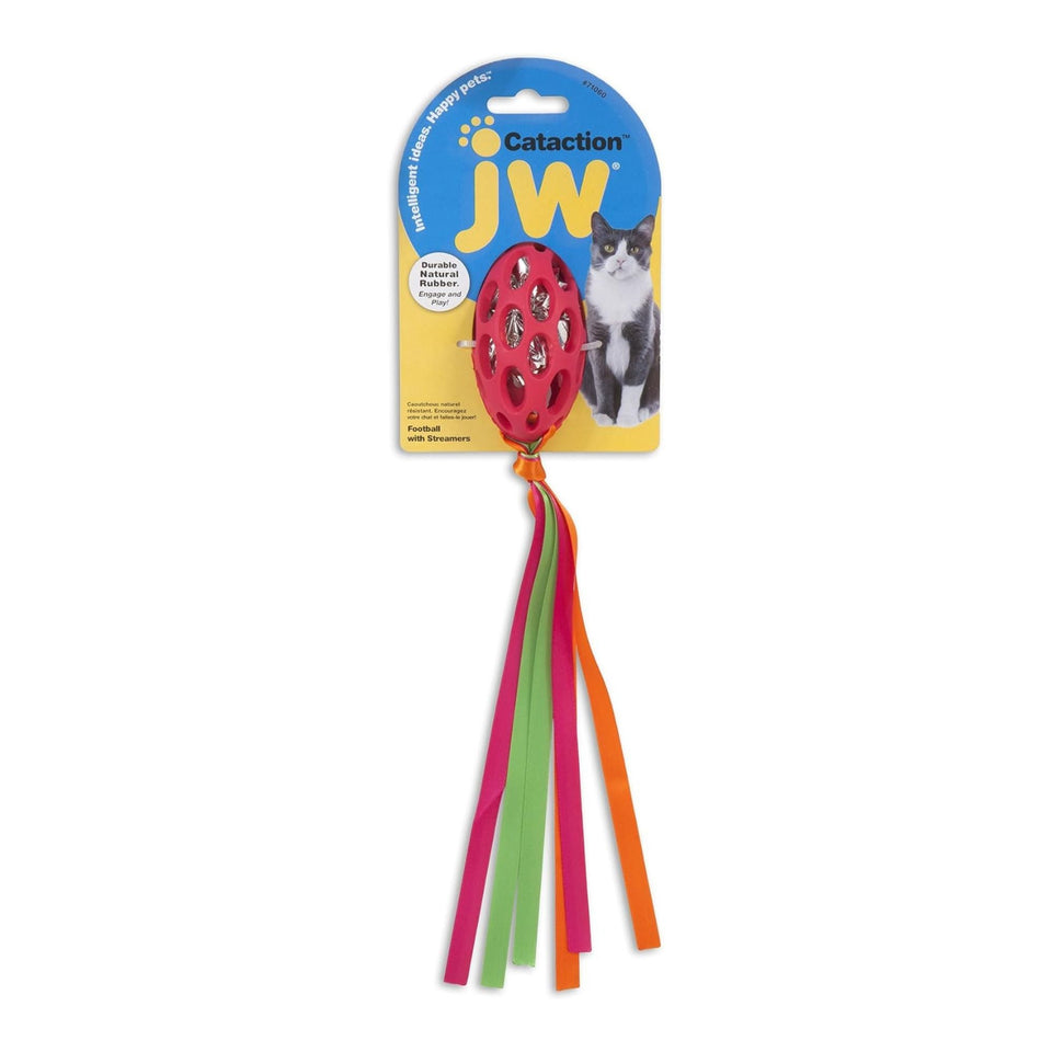 JW Pet Cataction Football with Streamers Cat Toy Red