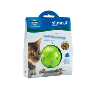 PetSafe SlimCat green feeder ball and cat food in packaging, with a cat peeking from the left.