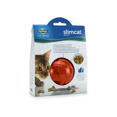 PetSafe SlimCat Feeder Ball in orange packaging, with a cat and kibble visible.