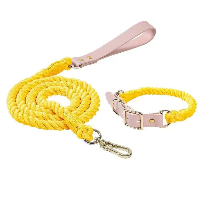 Luxe Royal Leather Rope Dog Leash and Dog Collar Set - Lemon Squeeze, Small