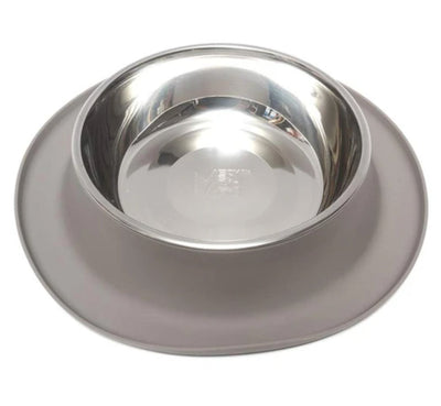 Stainless steel bowl with a grey rim, shown from a close angled view