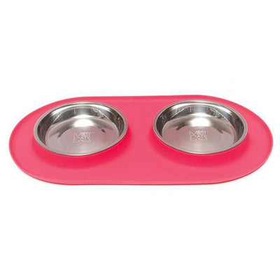 Two stainless bowls set into an oval red silicone feeding base