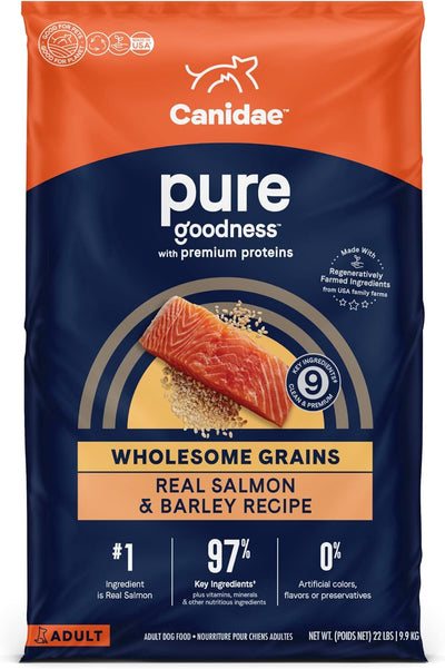Canidae Pure dog food bag, salmon & barley recipe, with a salmon fillet and grains graphic on a blue and orange label.