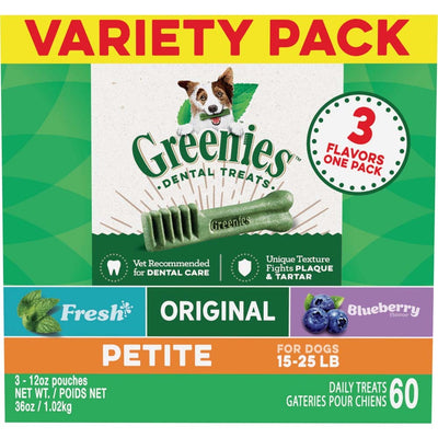 Greenies 3Flavor Variety Pack Dog Dental Dog Treat Petite, 36 oz, 60 ct