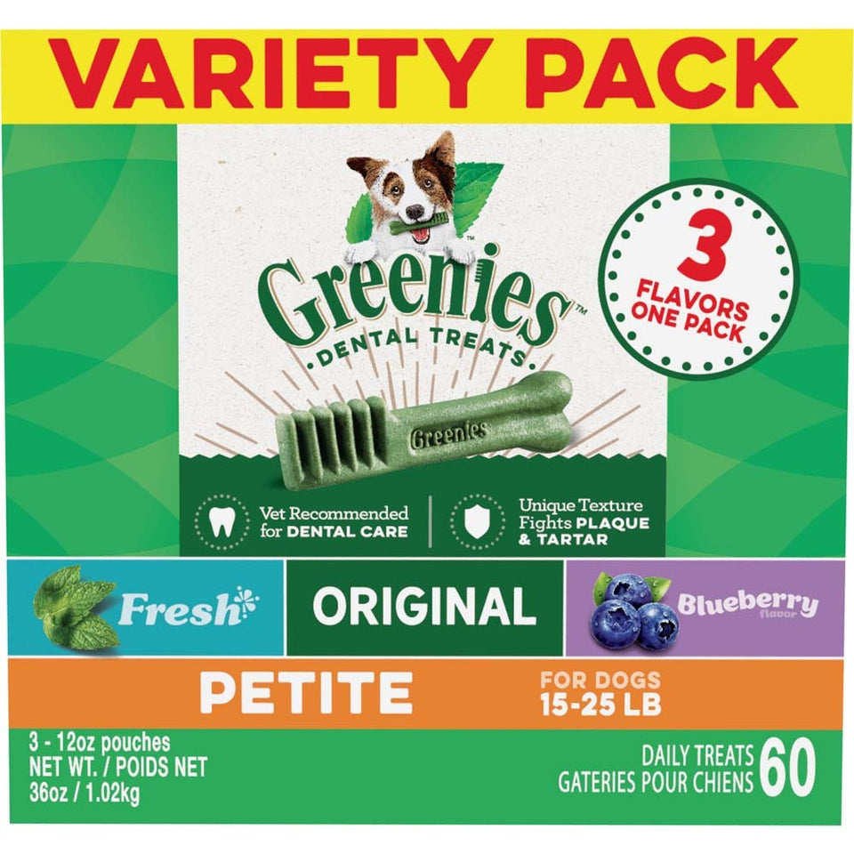 Greenies 3Flavor Variety Pack Dog Dental Dog Treat Petite, 36 oz, 60 ct