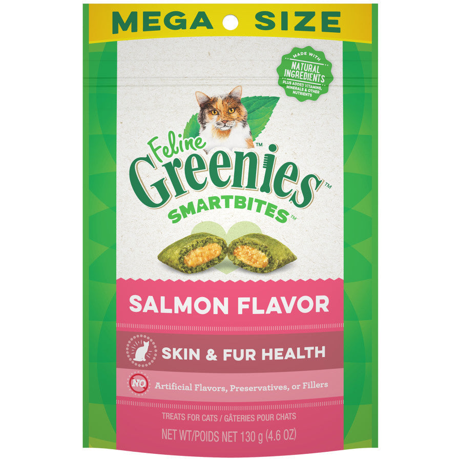 Greenies Feline SmartBites Skin Fur Crunchy Soft Adult Cat Treats Salmon, 4.6 oz