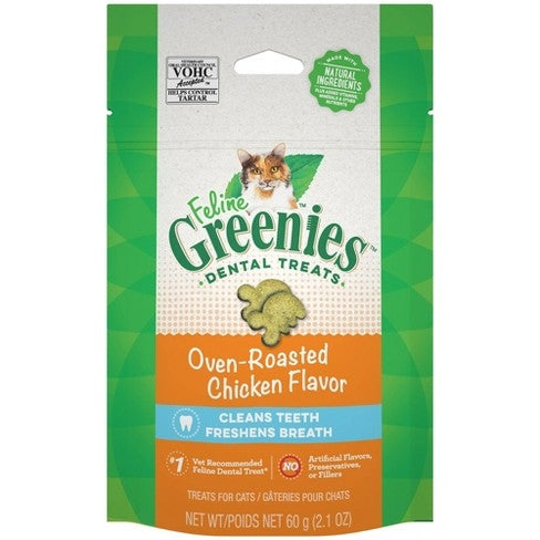 Greenies Feline Adult Cat Dental Cat Treats Oven Roasted Chicken, 2.1 oz