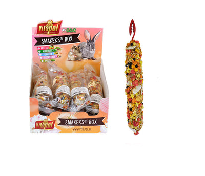 Smakers display box of wrapped treat sticks beside one loose treat stick