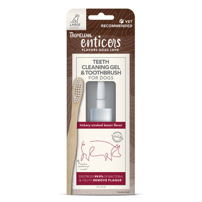 TropiClean Enticers Teeth Cleaning Gel & Toothbrush for Dogs Hickory Smoked Bacon 2 oz, Large