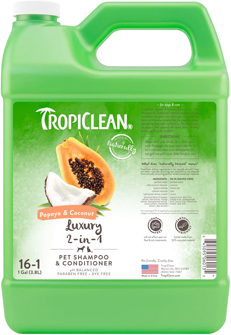 TropiClean Papaya & Coconut Luxury 2-in-1 Shampoo and Conditioner for Pets, 1 Gal
