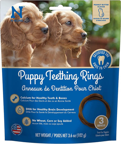 N-Bone puppy teething rings package, peanut butter flavor, three rings