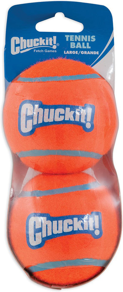 Two orange tennis balls with blue stripes, shrink-wrapped in packaging