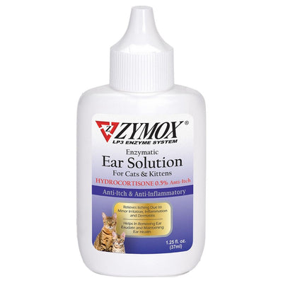 White bottle of Zymox Enzymatic Ear Solution with a purple label featuring two cats, text, and a yellow box.