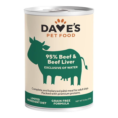 Dave's Pet Wet Dog Food Dog 95% Premium Meats Beef And Beef Liver, 12.5 oz each, Case of 12