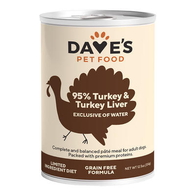 Dave's Pet Wet Dog Food Dog 95% Premium Meats Turkey And Turkey Liver, 12.5 oz each, Case of 12