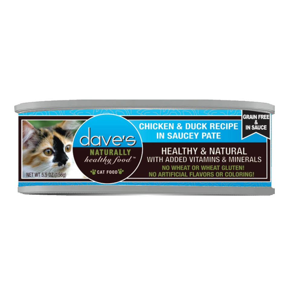 Dave's Pet Wet Cat Food Cat Grain-Free Saucey Chicken & Duck 5.5 oz. 24 ct