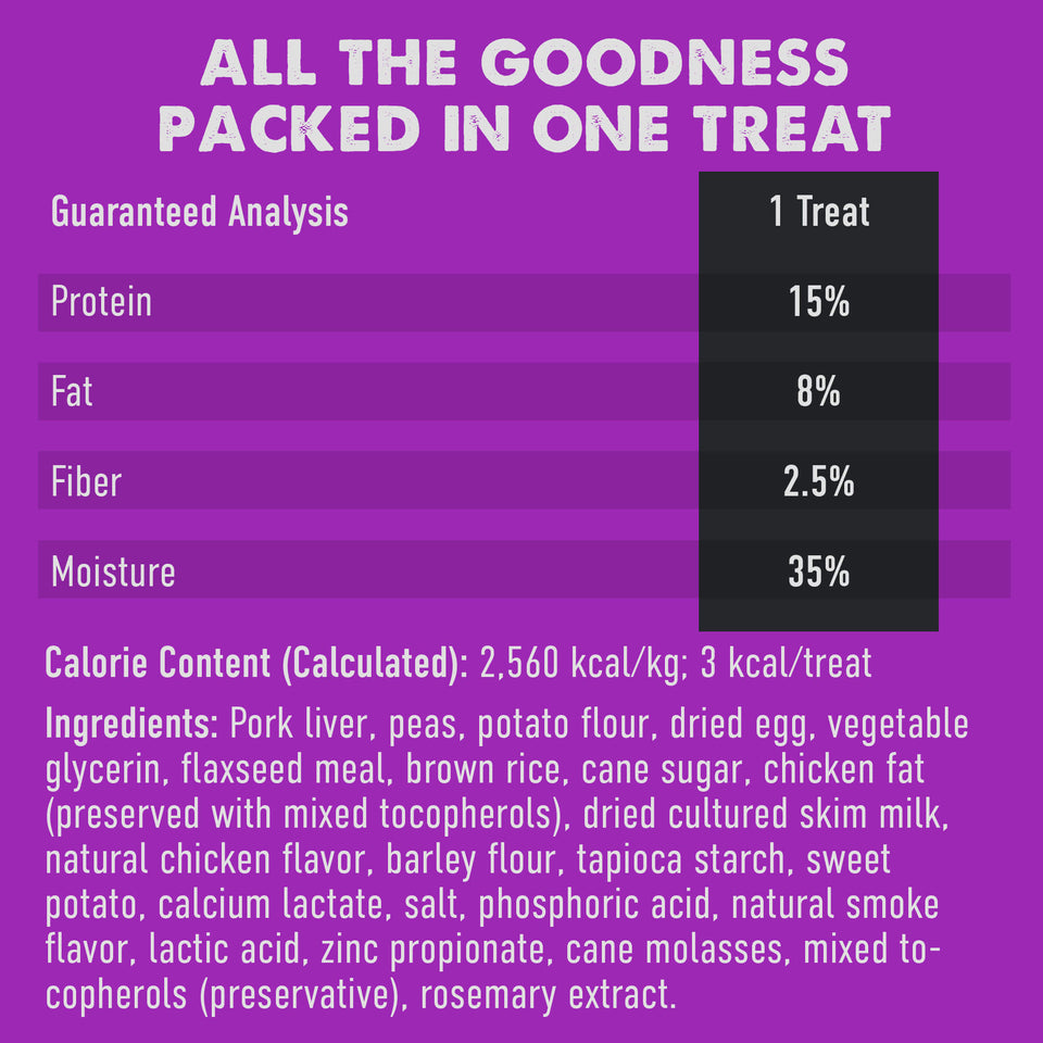 Purple label showing guaranteed analysis and ingredient list for liver Tricky Trainers treats