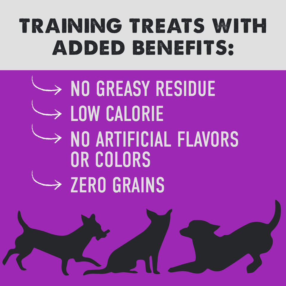 Purple infographic listing training treat benefits: no greasy residue, low calorie, zero grains