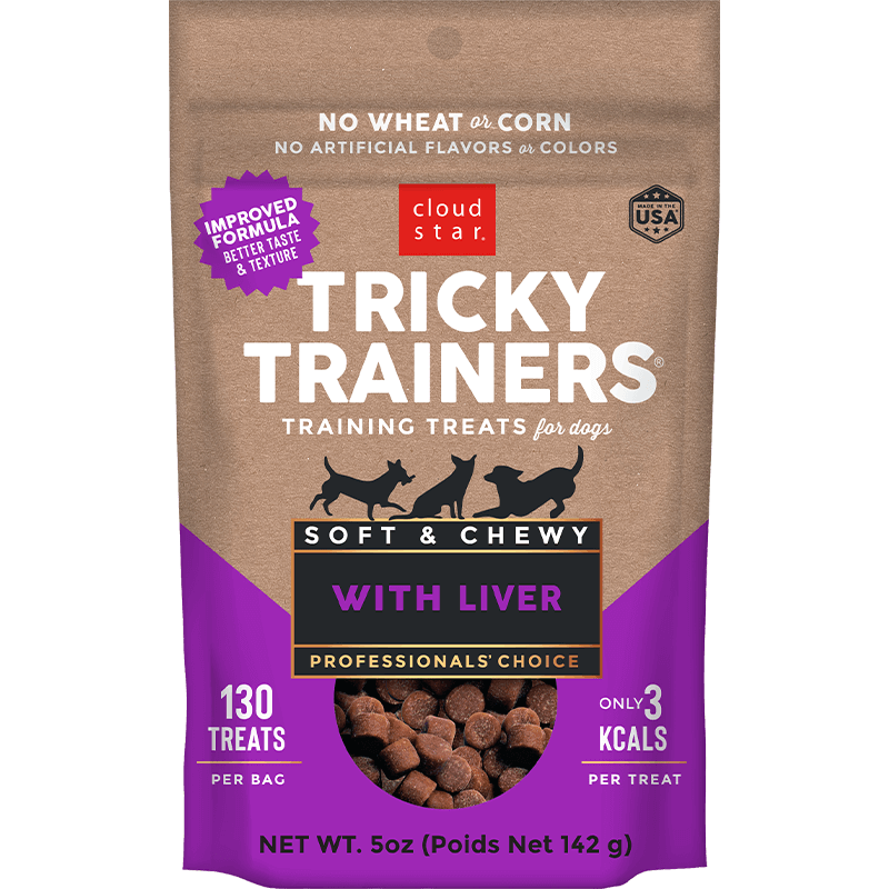 Purple and tan bag front showing liver Tricky Trainers kibble through the window