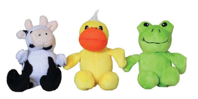 Three plush dog toys: a black and white cow, a yellow duck, and a green frog.
