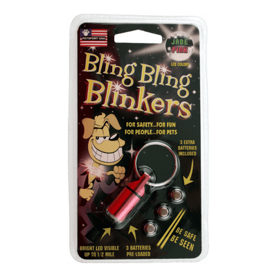 Petsport USA Bling Bling Blinker in pink packaging with a red blinker, extra batteries, and a cartoon dog.
