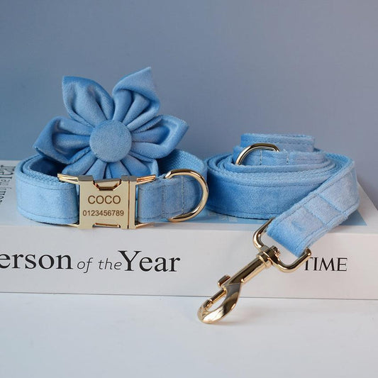 Luxury Velvet Dog Collar and Leash Set - Premium Monochrome Velvet Collar with Bow