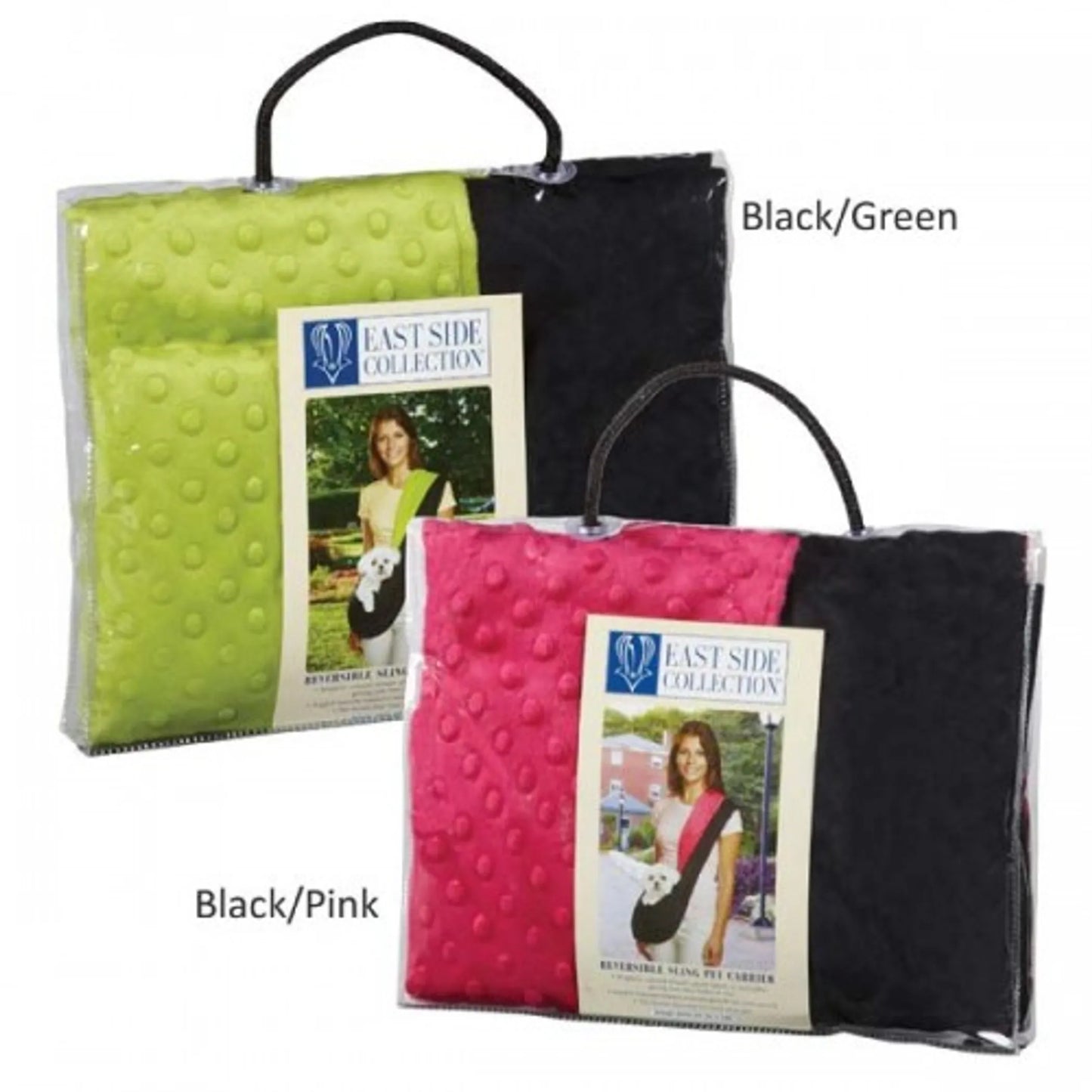 East Side Coll Revers Sling Pet Carrier in black/green and black/pink with textured fabric and carrying handles